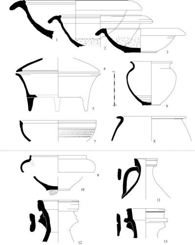 Principales formes produites à Siorac. 1-8 : Chaurieux (mortiers et céramiques de cuisine) ; 9 à 13 : Moulin Blanc (jattes, cruches et amphorettes à pâte claire) (Des. C. Sanchez, CNRS)
